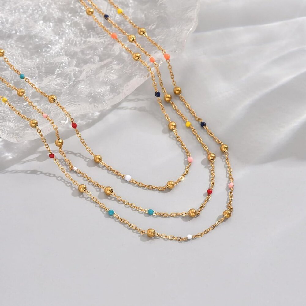 Gold Chain Necklace for Women Dainty 18K Gold Plated Thin Satellite Beaded Turqu - Picture 5 of 7